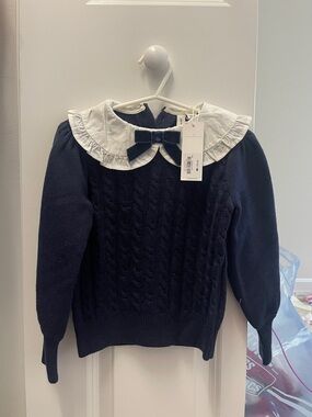 Janie and Jack Navy Cable-Knit Sweater with White Ruffled Collar